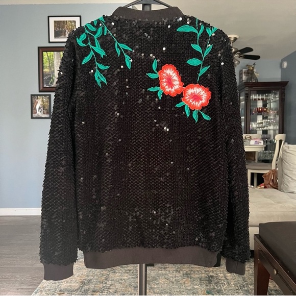 Gianni Bini Black Sequin Vintage Exclusive Bomber Jacket with Floral Embroidery - Picture 6 of 13